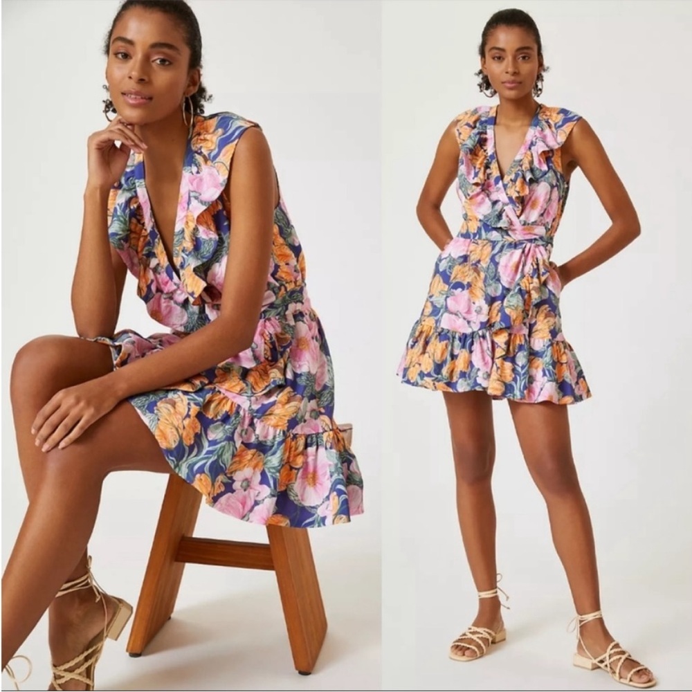 Anthropologie Floral Ruffle Dress - Multicolor size M. Pink Orange